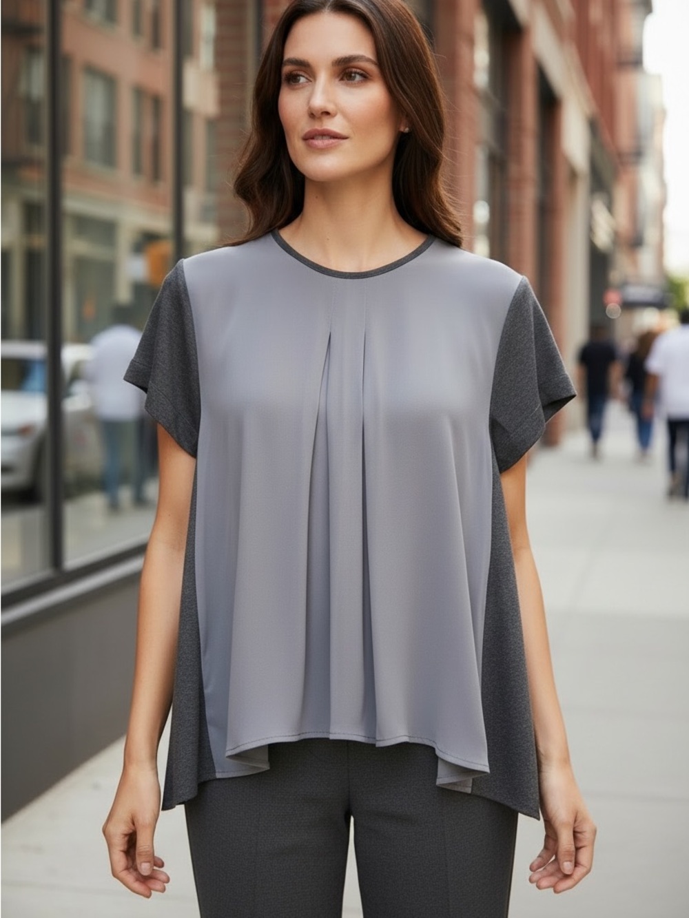 Hunter Bell New York Two-Tone Gray Short Sleeve Pleated Blouse Top size XS